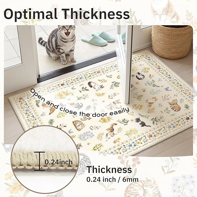 Cat 9x12 Area Rugs for Living Room, Machine Washable Animal Floral Vintage Rug Non-Slip Low Pile Soft Throw Large Rugs for Bedroom Dining Room Kitchen Nursery Playroom (9 x 12,Beige)