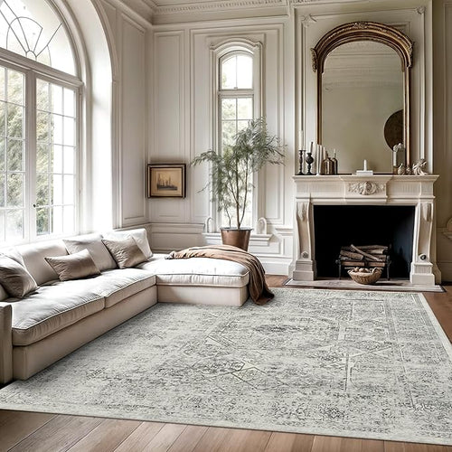 5x7 Area Rugs Grey Low Pile Indoor Washable Trendy Faded Style Floral Rugs for Bedroom Living Room Dining Room Foldable Non-Slip Thin Print Mat
