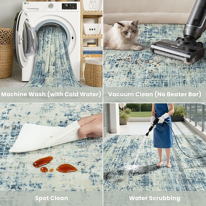 6x9 Area Rugs for Living Room Washable Rug: Anti-Skid Abstract Modern Living Room Rug Soft Thin Carpets Indoor Floor Non-Shedding Carpet for Bedroom Dining Farmhouse Nursery Blue Gray Gold