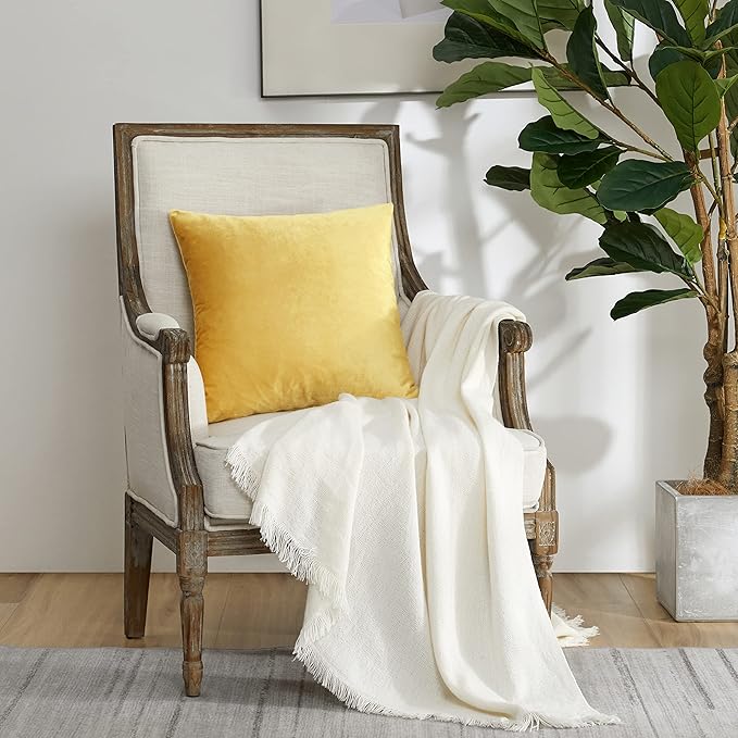 GIGIZAZA Decorative Throw Pillow Covers 16x16,Set of 2 Yellow Square Couch Pillow Covers,Velvet Sofa Boho Cushion Pillows