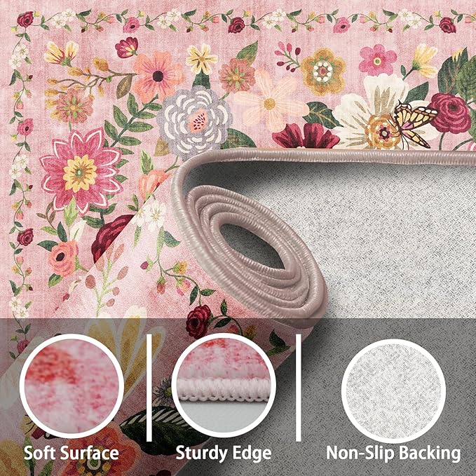 Pink Floral Girls Room Rug 4x6, Non-Slip Washable Rugs for Bedroom Living Room Nursery Kitchen Dining Room Indoor, Ultra-Thin Soft Stain Resistant Girls Room Decor(4 x 6, Pink Garden)