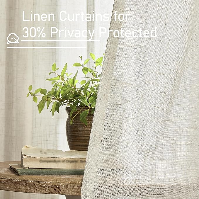LAMIT Natural Linen Boho Curtains 84 inch Length 2 Panels, Cream Ivory Light Filtering Semi Sheer Panels Back Tab and Rod Pocket Neutral Drapes for Bedroom/Living Room, 34 x 84 Inch