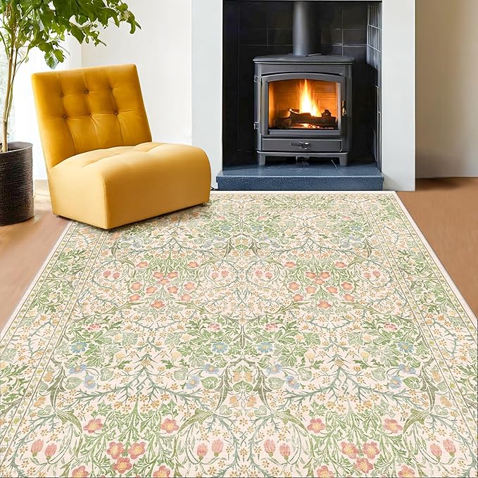 Hazo Haus Light Beige Green Floral Living Room Rug, 7x9 Washable Area Rug for Kids Room, Bedroom, Nursery Room, Living Room, Dining Room, Low Pile Non-Slip - Vintage Design & Stain Resistance