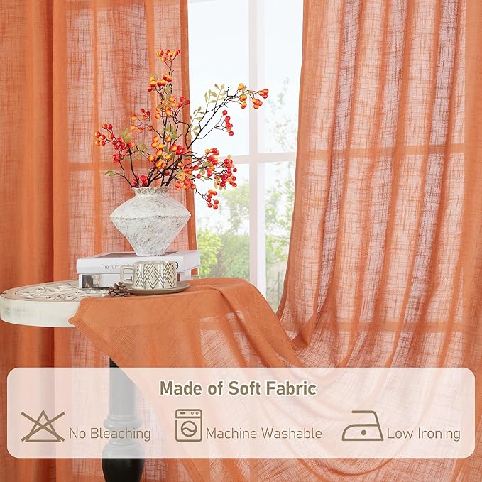 LAMIT Burnt Orange Semi Sheer Window Linen Curtains 63 Inch Length, Light Filtering Panels Back Tab and Rod Pocket Country Decor Drapes for Bedroom/Living Room, 2 Panels, 34 x 63 Inch