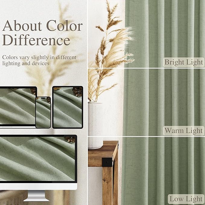 Nanspring Light Sage Linen Curtains 90 Inch Long 2 Panels Set for Bedroom Living Room Light Sage Linen Textured Window Drapes Semi Sheer Light Filtering Rod Pocket Back Tab Farmhouse Curtain 52x90