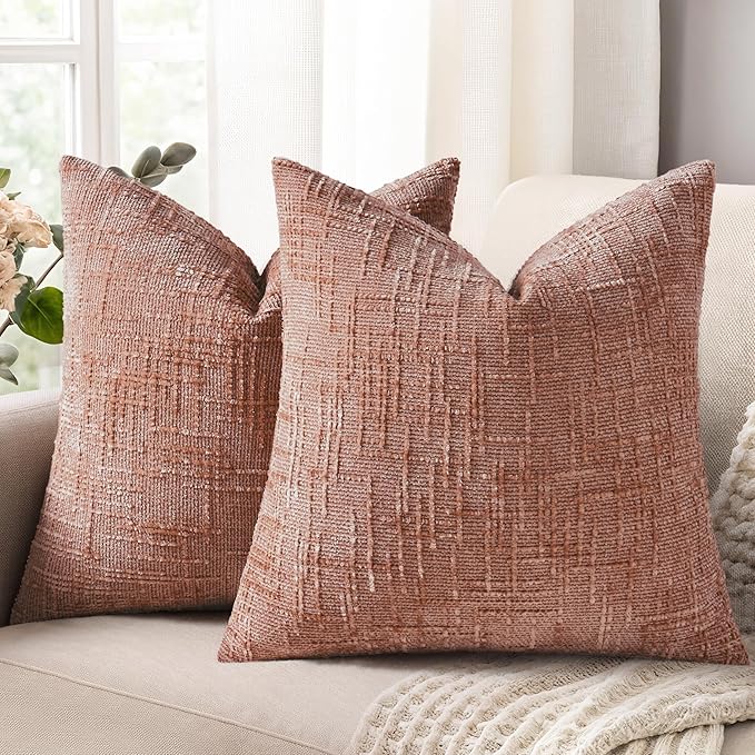 decorUhome Summer Pink Chenille Throw Pillow Covers 18x18 Set of 2 Textured Soft Cozy Slubby Couch Pillow Covers Modern Farmhouse Boho Decorative Pillow Cases for Bed Sofa Living Room