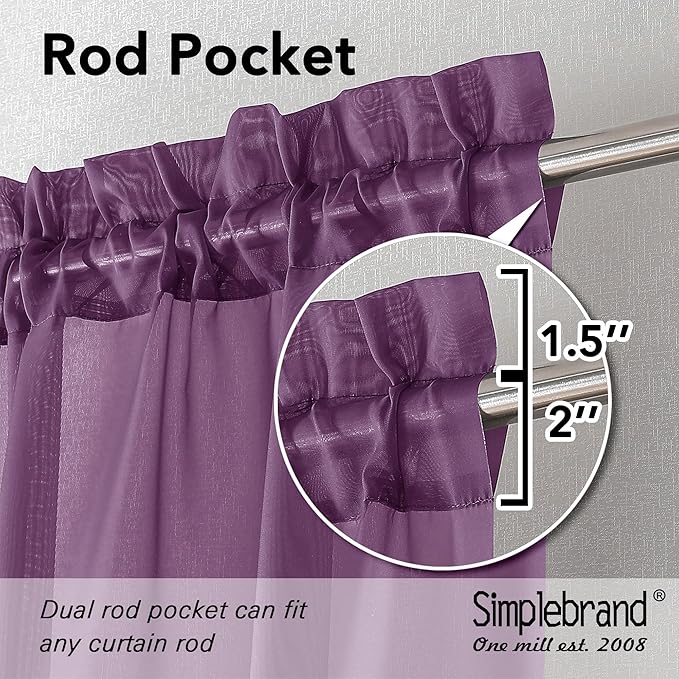 Simplebrand Plum Sheer Curtains 63 Inch Length 2 Panels, Rod Pocket Solid Color Window Sheer Curtain Panels, Elegant Curtains & Drapes for Living Room, Bedroom 2 Panels (Plum, 42" W x 63" L)