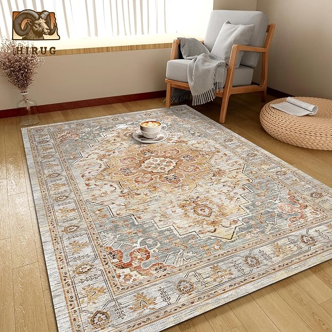 Washable Area Rug 5' x 7' Vintage Traditional Persian Mat - Foldable Distressed Non-Slip Machine Washable Carpet for Living Room Bedroom Kitchen Home Decor - Dove Gray and Coral