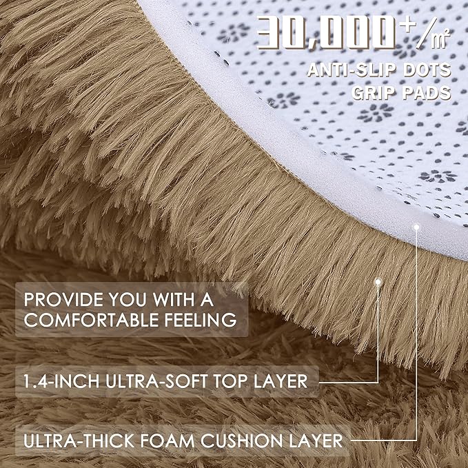 OLANLY Taupe Round Rugs for Bedroom - Machine Washable, 2 ft Circle Area Rugs for Living Room, Soft and Fluffy Shaggy Carpet for Teen Girl and Boys, Nursery Rooms, Dorms, Home Decor Aesthetic
