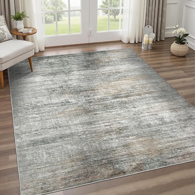 BEIMO Area Rugs 10x14 for Living Room Bedroom, Modern Abstract Machine Washable Rug, Large Soft Low Pile Floor Cover with Non Slip Backing for Dining Room, Ash Gray Brown