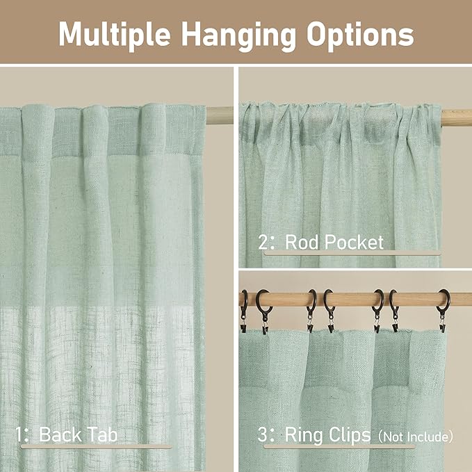 LAMIT Living Room Linen Curtains 95 Inch for Bedroom, Back Tab and Rod Pocket Linen Textured Sheer Curtains Light Filtering Burlap Drapes for Farmhouse, 2 Panels, 52 x 95 Inch, Light Sage