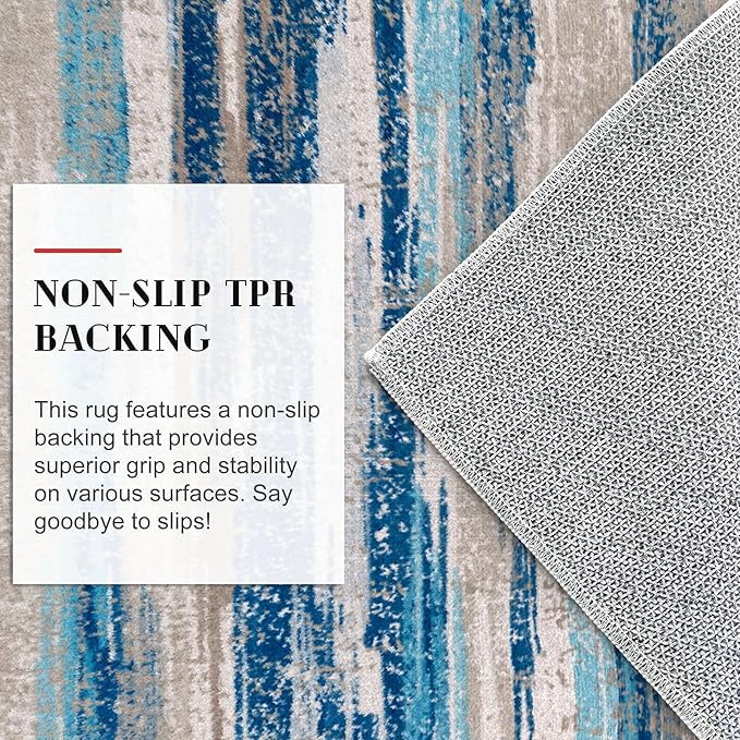 Lansny Modern Abstract Runner Rug 2.6x18, Blue Washable Long Kitchen Runner Non-Slip Soft Hallway Rug Runner Thin Print Faux Wool Carpet for Entryway Bedroom Laundry Room Indoor Home Decor