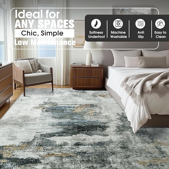 10x14 Area Rugs for Living Room Rug Washable: Abstract Large Rug Indoor Modern Carpet Non Slip for Dining Room Bedroom Nursery Home Office Black Gold
