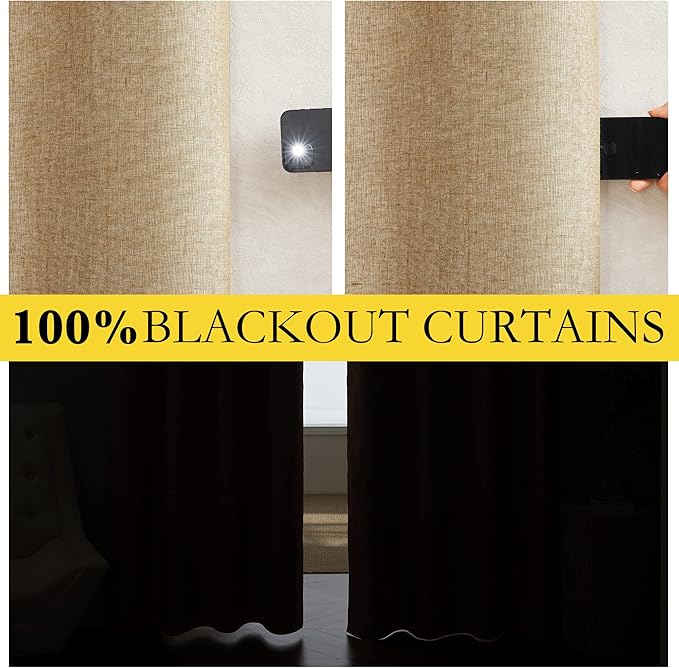 NICETOWN 100% Absolutely Blackout Linen Curtains with Thermal Insulated White Liner, Camel, 42" Wide by 54" Long, 2 Pieces, Linen Blend Window Drapes Privacy Window Treatments for Bedroom/Kids Room
