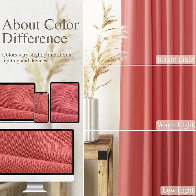 Nanspring Watermelon Red Linen Curtains 102 Inches Long 2 Panels,Back Tab Rod Pocket Semi Sheer Curtain Light Filtering Boho Extra Long Drapes Neutral Farmhouse Decor for High Window 52x102