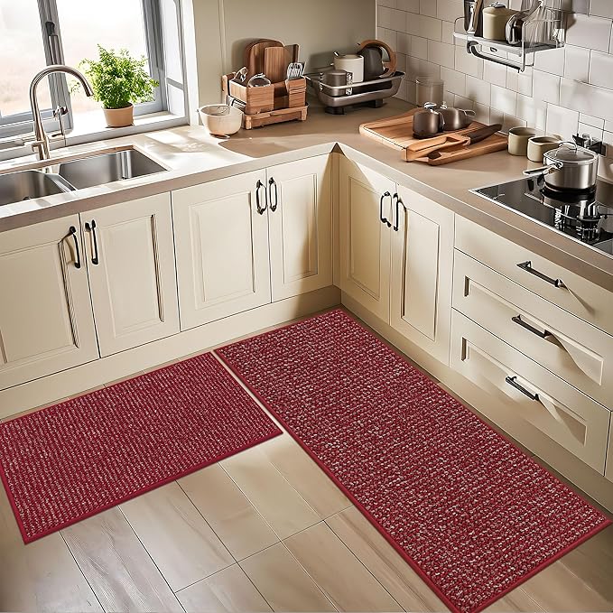 BEQHAUSE Kitchen Rugs 24"x36", Non-Slip Kitchen Mats for Floor, Super Absorbent and Stain Resistant Kitchen Rugs, Machine Washable Rugs for Kitchen, Hallway, Laundry & Sink, Red