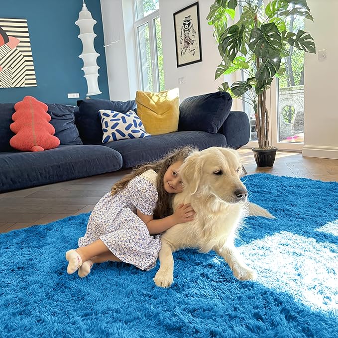 OLANLY 9x12 Machine Washable Large Area Rugs for Living Room, Bedroom, Soft Fluffy Shaggy Bedside Rug, Indoor Floor Carpet for Kids Girls and Boys, Dorms, Nursery, Home Decor Aesthetic, Bright Blue