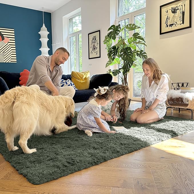 OLANLY 2x8 Machine Washable Runner Rugs for Hallway, Soft Fluffy Shaggy Bedside Rugs for Bedroom, Living Room, Indoor Floor Carpet for Kids Girls and Boys, Home Decor Aesthetic, Olive Green