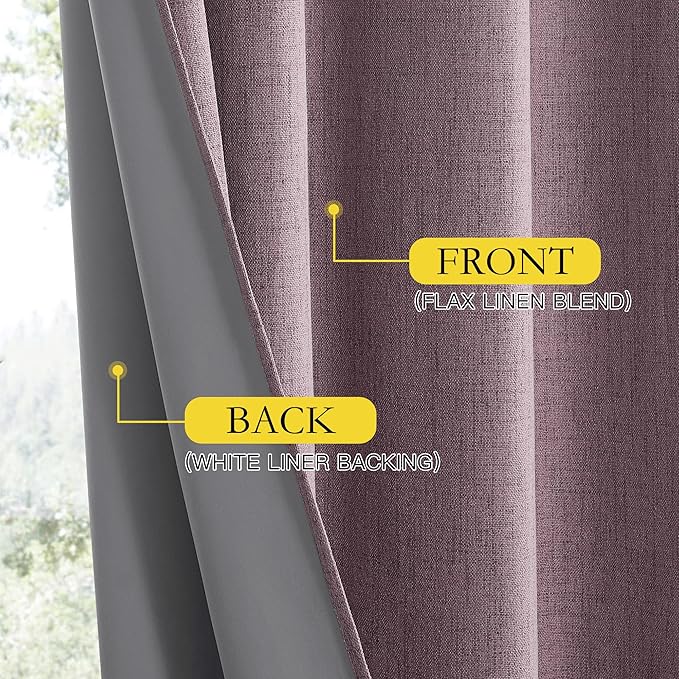 NICETOWN Chaise Mauve Vintage Linen 100% Blackout Curtains for Living Room, Thermal Insulated Curtains 102“ Long, Noise Reducing Window Treatment Drapes for Home Office, 62" Wide Per Panel, Set of 2