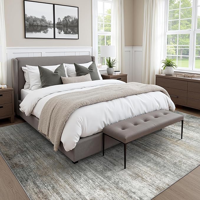 Area Rugs 8x10 for Living Room Bedroom, Modern Abstract Machine Washable Rug, Large Soft Low Pile Floor Cover with Non Slip Backing for Dining Room, Ash Gray Brown
