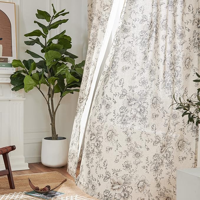 jinchan Linen Floral Curtains 63 Inch Length for Living Room Bedroom Light Filtering Farmhouse Peony Flower Drapes Rustic Window Curtain Set Rod Pocket Back Tab 2 Panels Black
