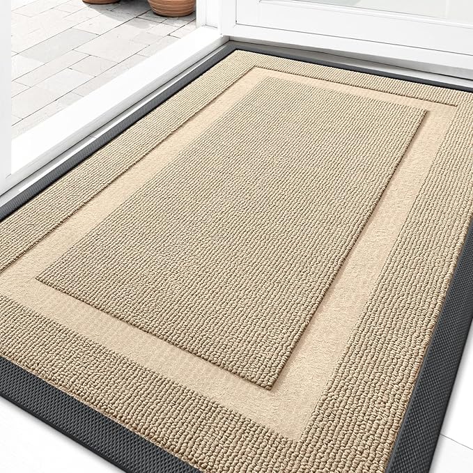 OLANLY Front Door Mat Indoor Outdoor Entrance, Waterproof All-Season, All-Weather Doormat, Sturdy Natural Rubber, Low Profile, Easy Clean Patio Porch Entryway Mat, 35x23, Off-White