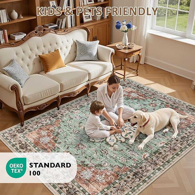 Area Rugs 9x12 Living Room Rug: Washable Rug Soft Vintage Distressed Floral Carpet Indoor Non-Slip Stain Resistant Large Carpets for Bedroom Dining Room Farmhouse Nursery Home Office Brown Green