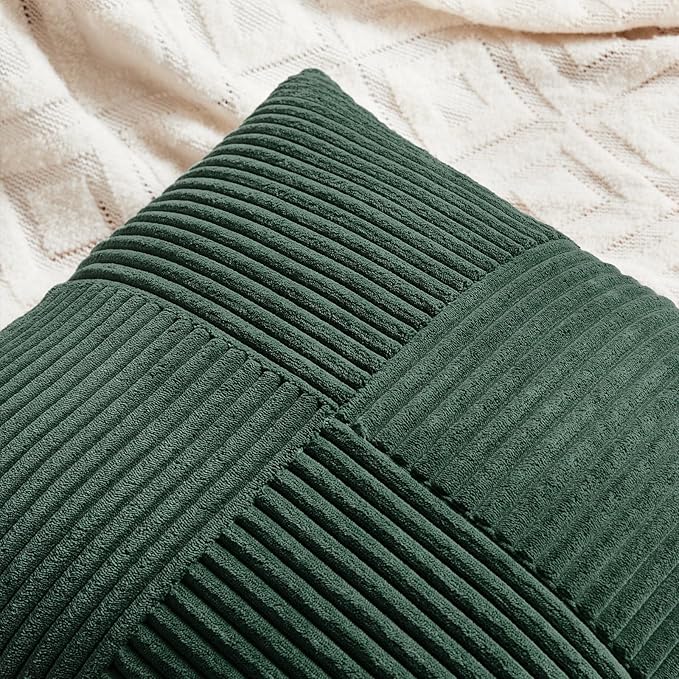 Fancy Homi Set of 2 Dark Green Samll Decorative Throw Pillow Covers 12x12 Inch for Living Room Couch Bed, Boho Farmhouse Forest Green Home Decor, Soft Corss Corduroy Patchwork Textured Cushion Case