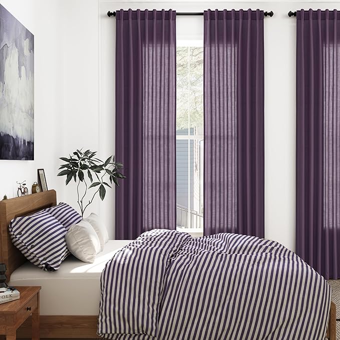 Plum Linen Curtains 102 Inches Long Rod Pocket Back Tab Drapes 2 Panels Set for Living Room Sheer Light Filtering Semi Sheer Plum Curtain 102 Length for Patio Sliding Glass Door 52x102