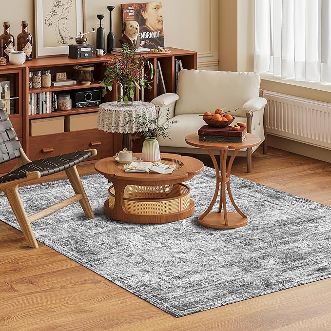 Washable Area Rug 4' x 6' Vintage Traditional Persian Mat - Foldable Distressed Non-Slip Machine Washable Carpet for Living Room Bedroom Kitchen Home Decor - Graphite and Mist