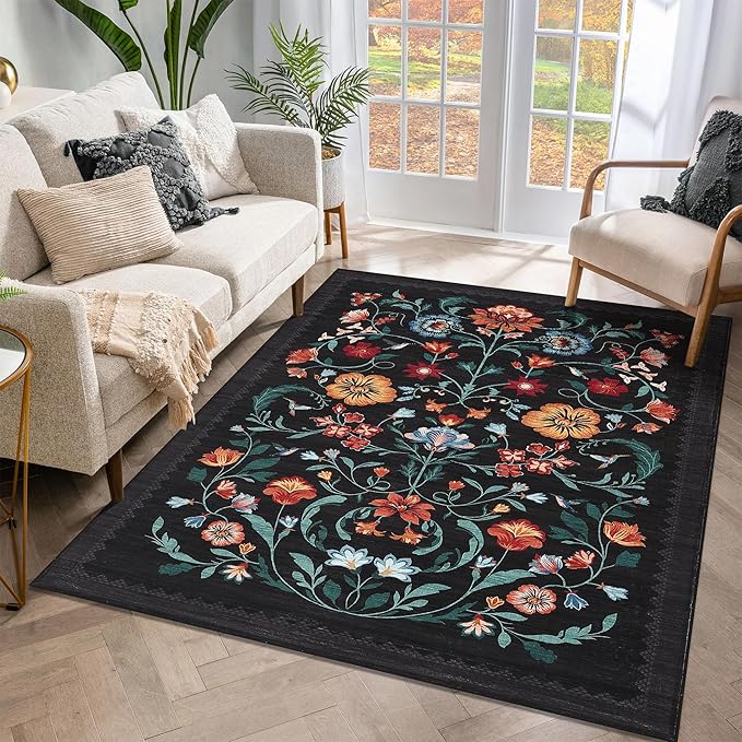 GarveeHome Washable Rug 4x6 Area Rugs for Living Room, Floral Rug for Bedroom, Soft Boho Non Slip Throw Rugs with Rubber Back, Low Pile Stain Resistant Vintage Floral Carpet for Dining Room, Black