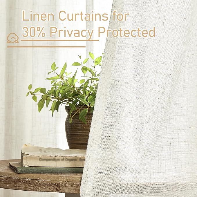 LAMIT Extra Wide Linen Curtains for Bedroom, Cream Light Filtering Faux Linen Textured Panels Semi Sheer Back Tab and Rod Pocket Boho Drapes for Living Room, 2 Panels, 60 x 84 Inch