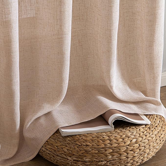 MIULEE Natural Beige Linen Curtains 45 Inch Length 2 Panels for Bedroom Living Room, Soft Linen Textured Window Drapes Semi Sheer Light Filtering Back Tab Rod Pocket Farmhouse Burlap Look Decor