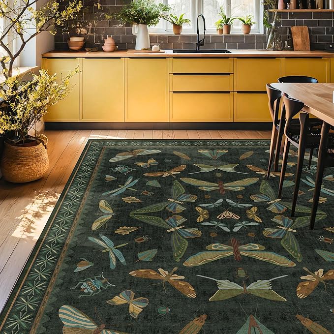 Hazo Haus Dark Green Insect Area Rugs 8x10 for Living Room, Dining Room Under Table, Bedroom, Unique Washable Floral Non Slip Low Pile Soft Rug
