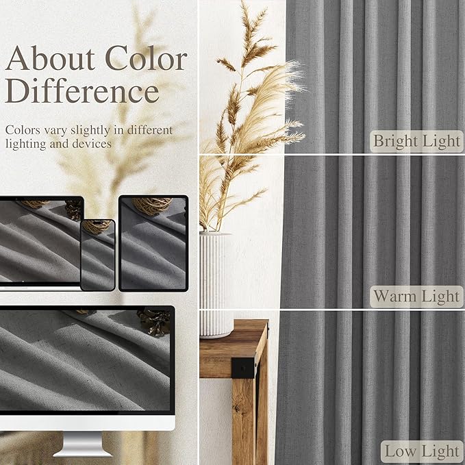 Dark Grey Linen Curtains 84 Inches Long for Bedroom Rod Pocket Back Tab Light Filtering Privacy Semi Sheer Curtain Farmhouse Decor Cotton Textured Drapes for Living Room 2 Panels Set 52x84 Inch