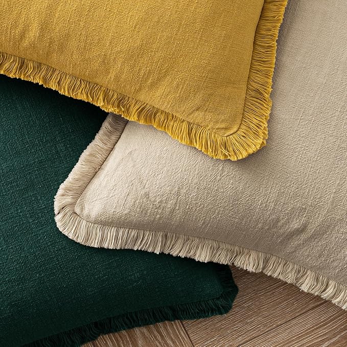 MIULEE Decorative Lumbar Throw Pillow Covers Neutral Linen Fringe Throw Pillows Set of 2 Beige Boho Farmhouse Cushion Covers with Tassels for Couch Sofa Bed Living Room Spring Home Decor 12x20 Inch