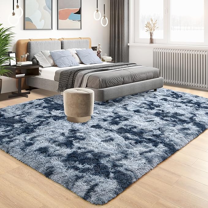 Tepook Soft Fluffy Rugs for Living Room, 5x8 Shaggy Area Rug for Bedroom, Modern Shag Rug Fuzzy Carpets for Kids, Plush Indoor Nursery Home Decor Rug with Non-Slip Bottom, Tie-dye Dark Blue