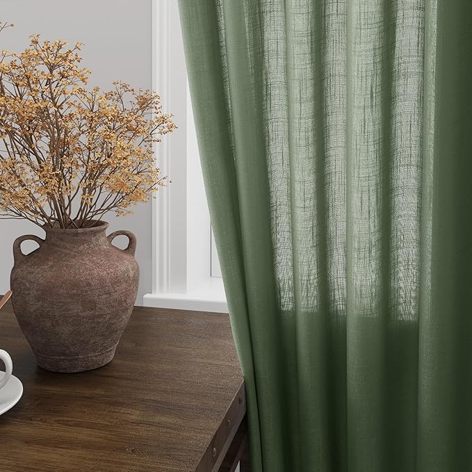 Nanspring Olive Green Linen Curtains for Living Room 2 Panels Set 80 Inch Length Back Tab Light Filtering Semi Sheer Curtain Drapes for Bedroom 52x80
