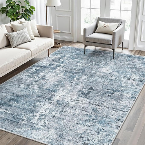 5x8 Area Rugs Blue/Grey Low Pile Indoor Washable Trendy Faded Style Rugs for Bedroom Living Room Dining Room Foldable Non-Slip Thin Print Home Office Mat