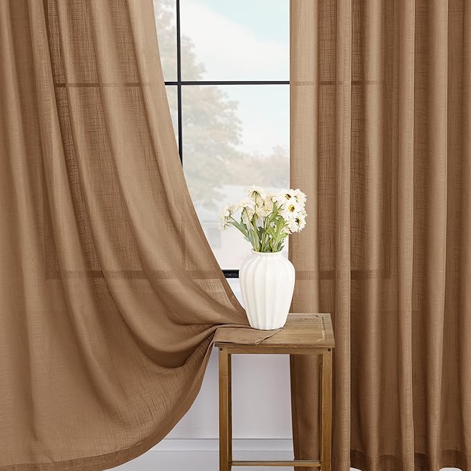 Brown Curtains for Living Room Back Tab Modern Farmhouse Semi Sheer Curtains 102 inches Long 2 Panels Set Muted Neutral Window Curtain for Dining Room Bedroom 52x102
