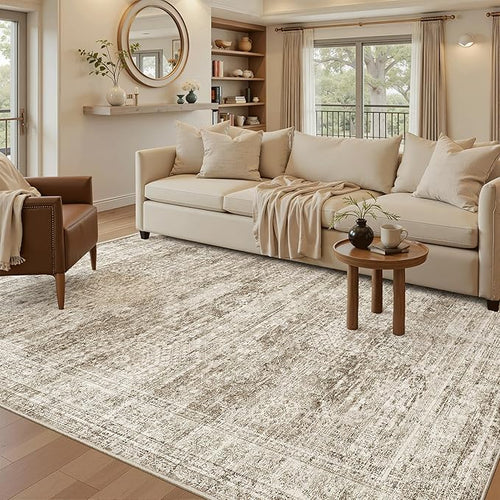 5x7 Area Rugs Brown Low Pile Indoor Washable Trendy Faded Style Rugs for Bedroom Living Room Dining Room Foldable Non-Slip Thin Print Mat