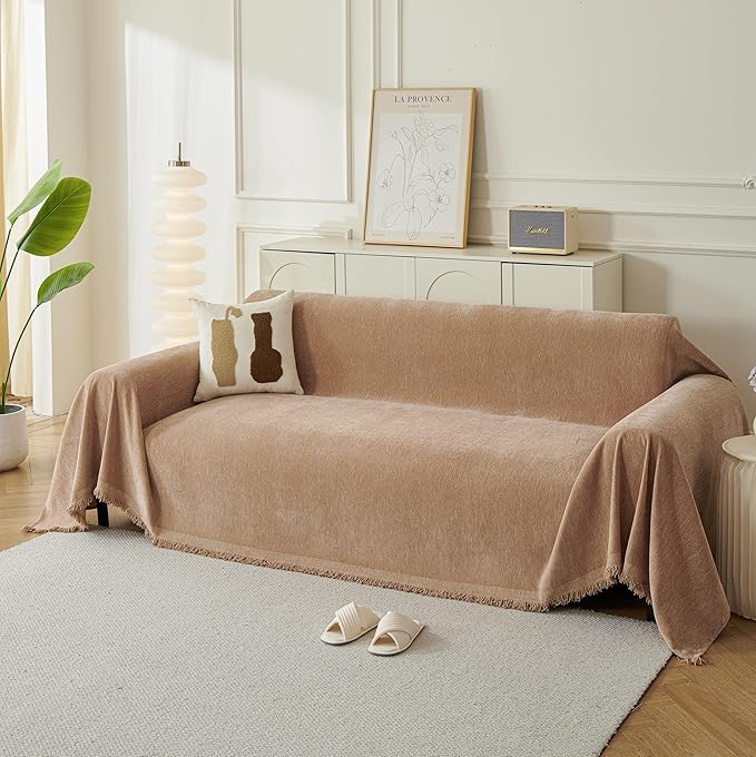 Couch Cover for Dogs, Boho Sofa Covers for 3 Cushion Couch, Chenille Sofa Slipcover for Pets Washable, L-Shape Sectional Couch Loveseat Cover Soft Throw Blankets with Tassels(71x134,Khaki)