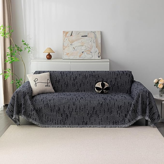 MYSKY HOME Loveseat Cover Navy Couch Cover Sectional Couch Covers for 2 Cushion Couch Sofa Thick Universal Chenille Sofa Cover with Tassel Durable Furniture Protector for Dogs 91" x 118"