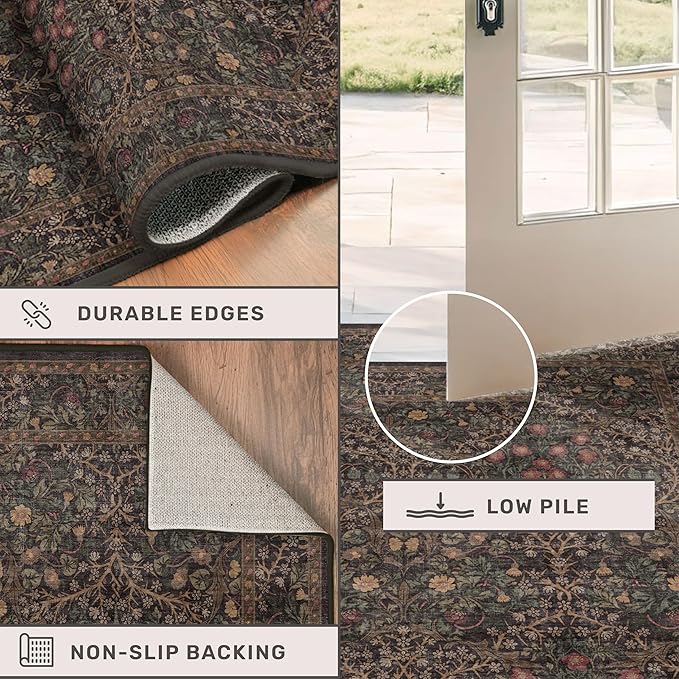 Boho Dark Brown 3x5 Large Entryway Rug - Moody Neutral Washable Low Pile Area Rugs Non-Slip for Mudroom, Door Mat Indoor Entrance, Kitchen, Laundry, Taupe Golden Accent Floral Floor Decor
