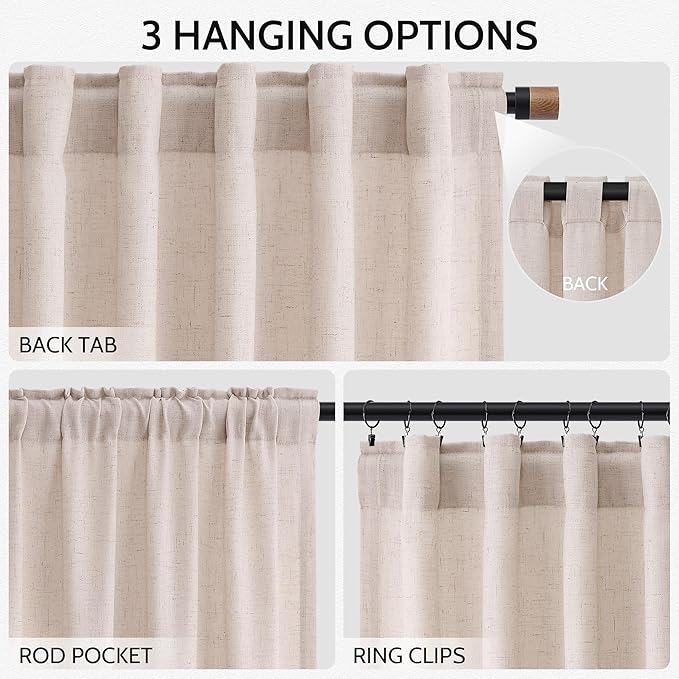 Nanspring Natural White Linen Curtains 108 Inches Long for Living Room Burlap Textured Neutral Farmhouse Sheer Curtains Back Tab Floor to Ceiling High Window Curtain for Bedroom 52x108, 2 Panels