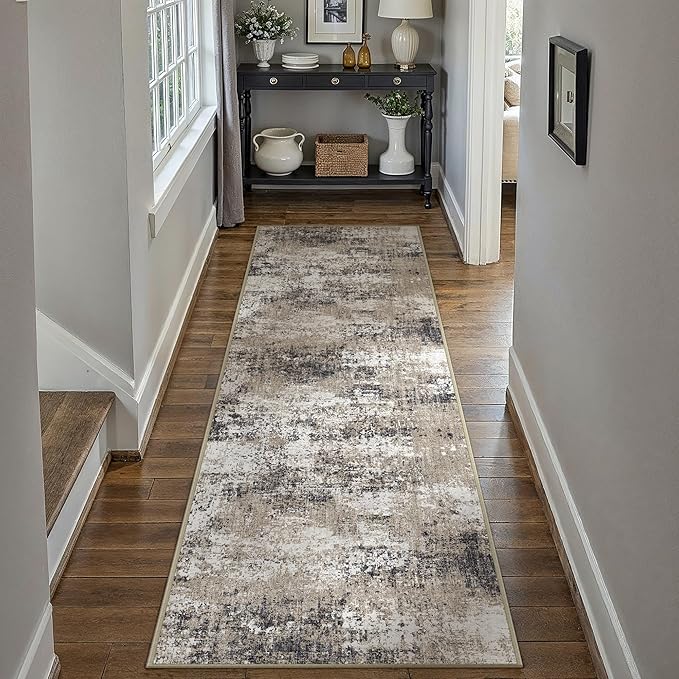 2x8 Abstract Runner Rug Brown Washable Modern Hallway Carpet Non Slip Ultra Soft Neutral Low Pile Contemporary Long Rug for Bathroom Laundry Kitchen Bedroom