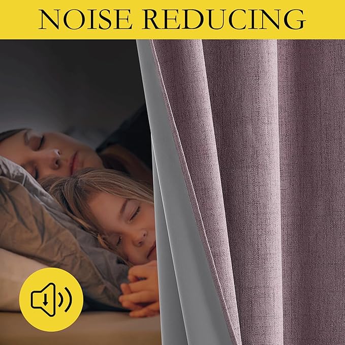 NICETOWN Chaise Mauve Vintage Linen 100% Blackout Curtains for Living Room, Thermal Insulated Curtains 72" Long, Noise Reducing Window Treatment Drapes for Hall Room, 52" Wide Per Panel, Set of 2