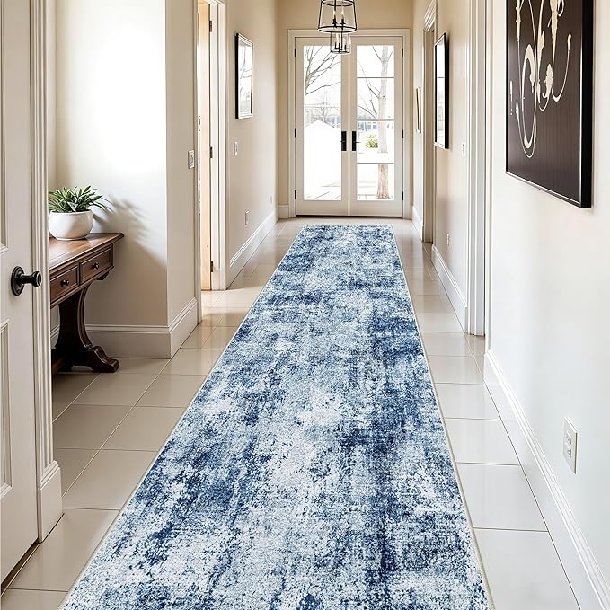 Hallway Runner Rug 2x8 Washable: Entryway Runners Rugs Non Slip Easy-to-Clean - Soft Living Room Bedroom Carpet - Thin Low Pile Printed Floor Mat for Dining Room Blue