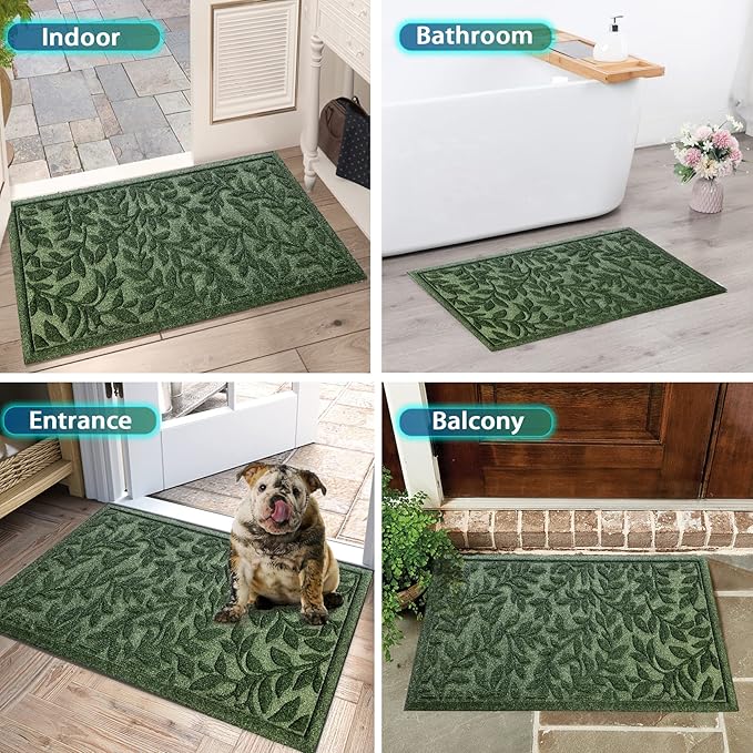 Bulijojo Sturdy Frontr Entrance Doormats,Durable Heavy Duty Welcome Mat,Thick Absorbent Natural Rubber Non Slip Mat,Easy Clean Entryway Mat Leaves Green 23"x35"