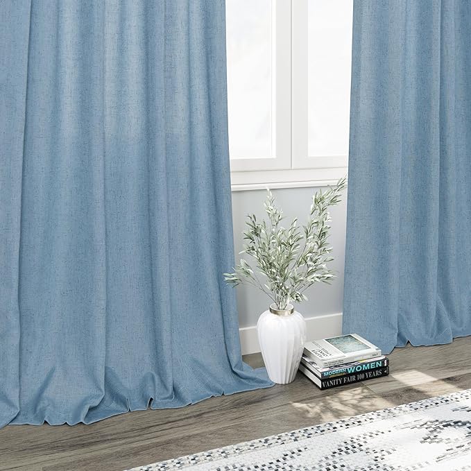 Nanspring Blue Semi Sheer Linen Curtains 90 inch Length for Living Room Back Tab Rod Pocket Modern Farmhouse Coastal Decor Dusty Blue Cotton Textured Gauze Curtains for Dining Room Office 52x90